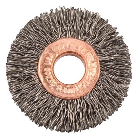 WEILER 1-1/2" Dia Crimped Wire Wheel, .014" Steel Fill, 3/8" Arbor Hole 15762